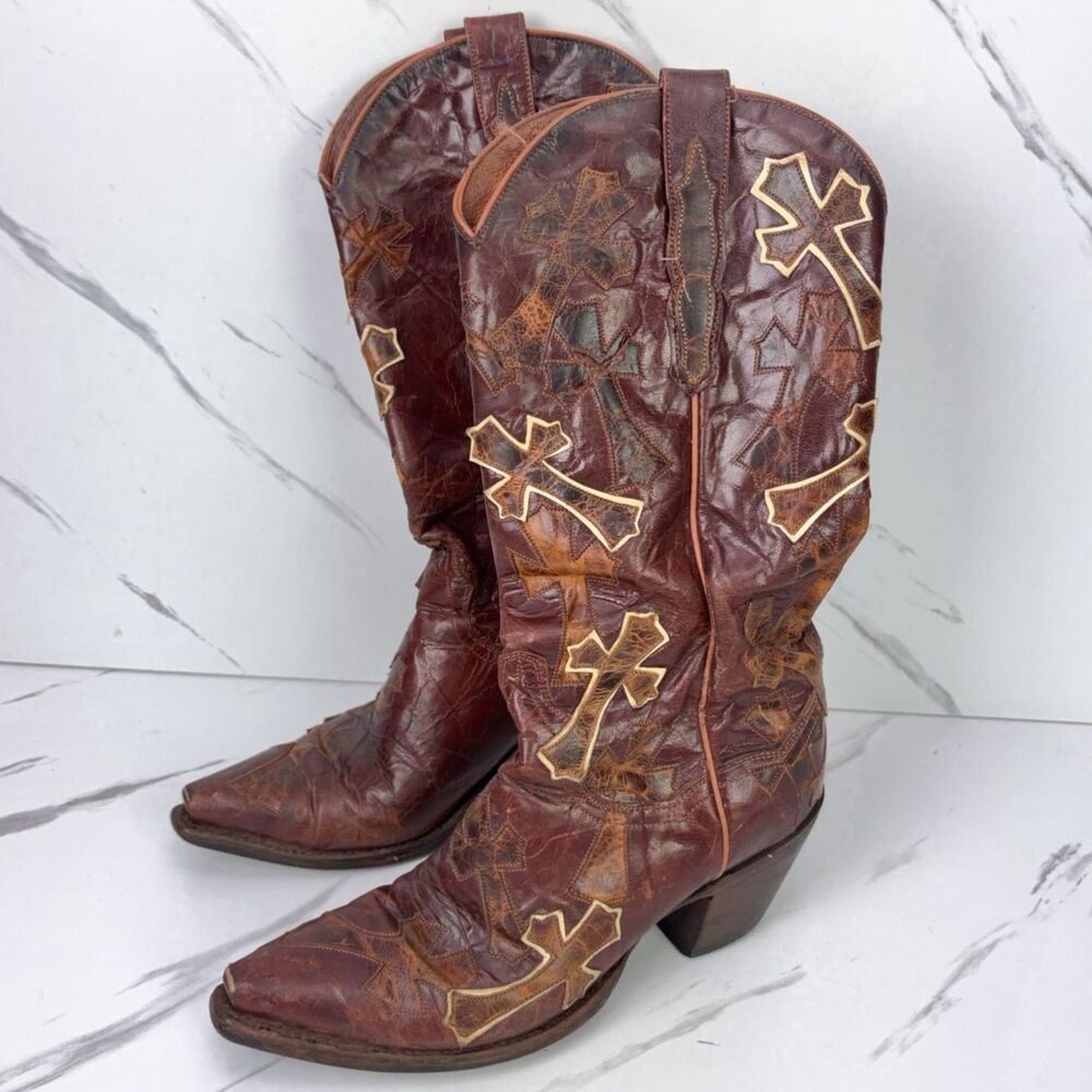 Women's Dan Post Southern Cross Antique Brown Inlay Leather Western Boots 7.5 M